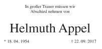 Helmuth Appel - Text der Traueranzeige